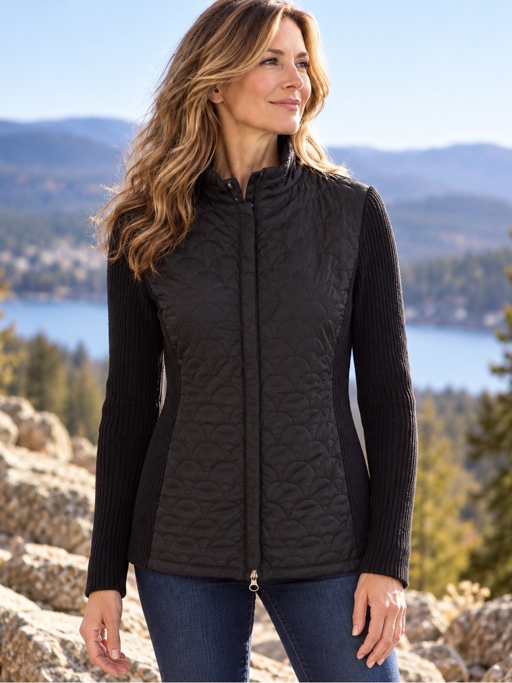 Sigrid Olsen Black Quilted Mixed Media Knit Sleeve Jacket Womens Medium M Travel